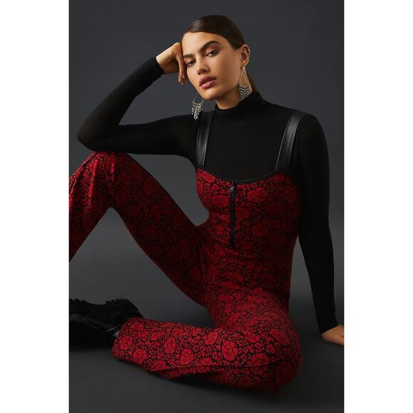New Anthropologie Maeve Floral Sweetheart Jumpsuit $170 Sz 0 Red Motif Stretchy - Picture 1 of 6